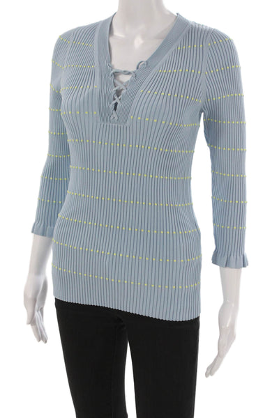 Sandro Womens Striped V-Neck Lace Up Viscose Blouse 3/4 Sleeve Fall Size 3