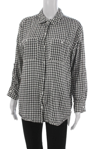 Joie Womens Basic Black Button-Up Collared Check Cotton Long Sleeve Size L