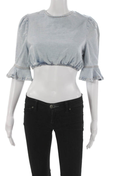 We Wore What Womens Cropped Blouse Blue 3/4 Sleeve Round Neck Cotton Size S