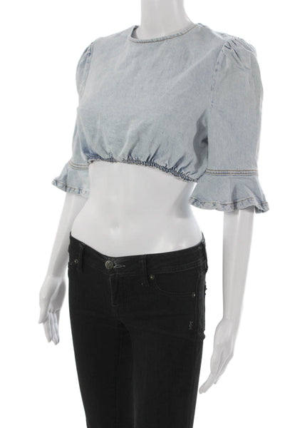 We Wore What Womens Cropped Blouse Blue 3/4 Sleeve Round Neck Cotton Size S