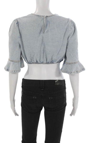 We Wore What Womens Cropped Blouse Blue 3/4 Sleeve Round Neck Cotton Size S