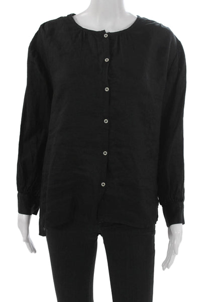 Saks Fifth Avenue Women Linen Black Long Sleeve Round Neck Blouse Size XS