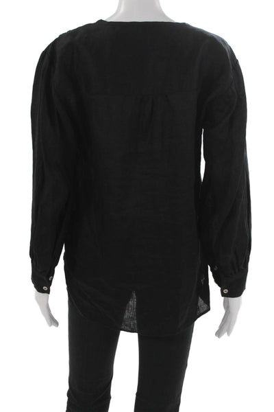 Saks Fifth Avenue Women Linen Black Long Sleeve Round Neck Blouse Size XS