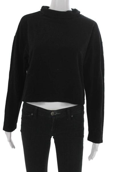 Monrow Women Cropped T-Shirt Black Mock Neck Long Sleeve Cotton Size XS
