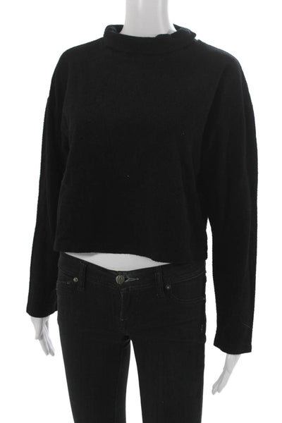 Monrow Women Cropped T-Shirt Black Mock Neck Long Sleeve Cotton Size XS