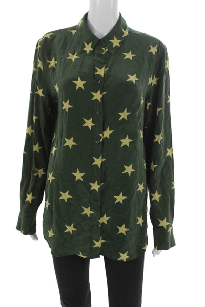 Equipment Femme Women Collared Silk Star Print Long Sleeve Blouse Green Size M
