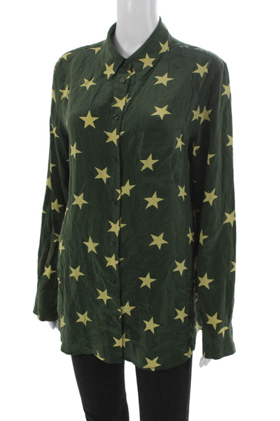 Equipment Femme Women Collared Silk Star Print Long Sleeve Blouse Green Size M