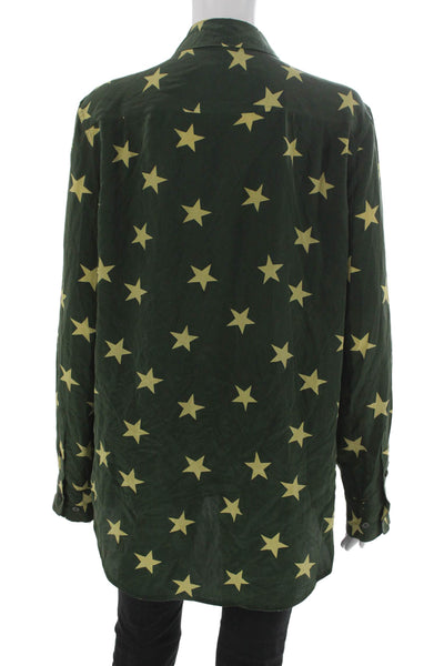 Equipment Femme Women Collared Silk Star Print Long Sleeve Blouse Green Size M