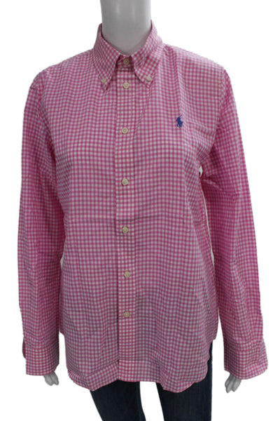 Ralph Lauren Women Pink Cotton Collared Check Long Sleeve Button-Up Top Size 12