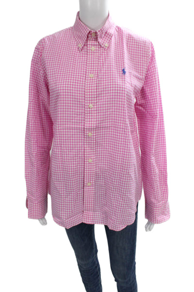 Ralph Lauren Women Pink Cotton Collared Check Long Sleeve Button-Up Top Size 12