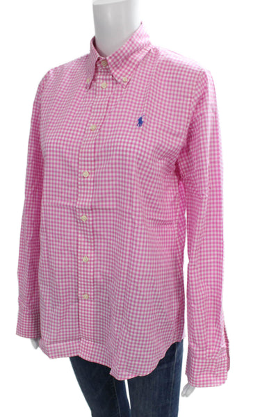 Ralph Lauren Women Pink Cotton Collared Check Long Sleeve Button-Up Top Size 12