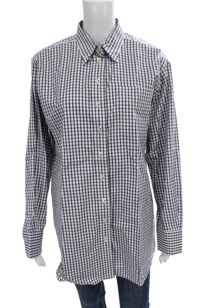 Claridge + King Women Collared Check Button-Up Blue Cotton Long Sleeve Size M
