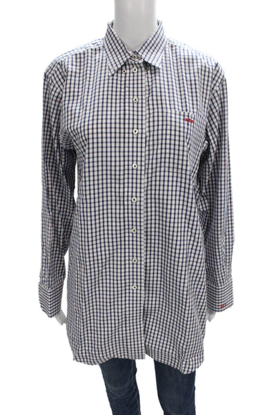 Claridge + King Womens Cotton Blue Check Collared Button-Up Long Sleeve Size M