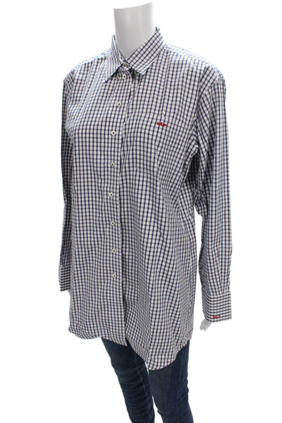 Claridge + King Womens Cotton Blue Check Collared Button-Up Long Sleeve Size M
