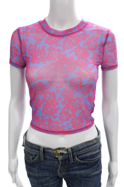 TNA Womens Cropped Pink Floral Crewneck Nylon T Shirt Short Sleeve Size XS