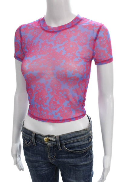 TNA Womens Cropped Pink Floral Crewneck Nylon T Shirt Short Sleeve Size XS