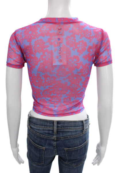 TNA Womens Cropped Pink Floral Crewneck Nylon T Shirt Short Sleeve Size XS