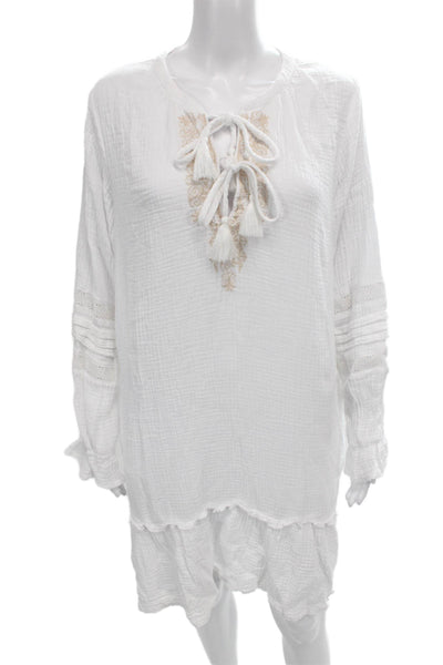 Calme Women Shift Dress White Embroidered Henley Tie Long Sleeve Cotton Size M