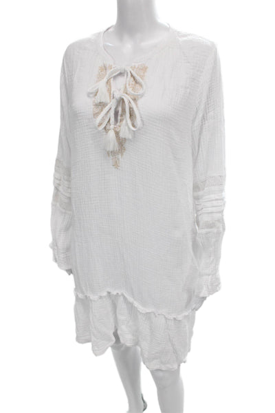 Calme Women Shift Dress White Embroidered Henley Tie Long Sleeve Cotton Size M