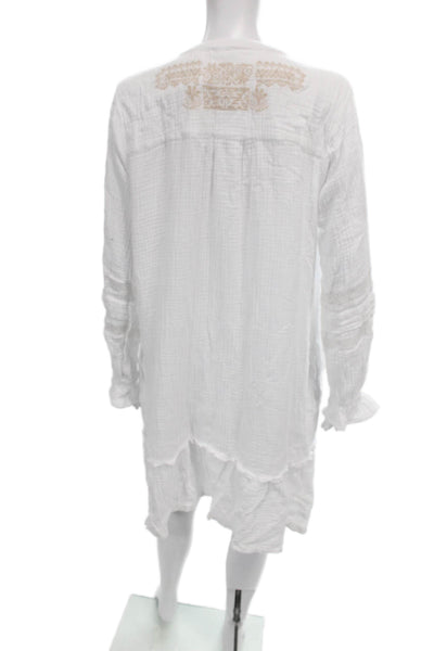 Calme Women Shift Dress White Embroidered Henley Tie Long Sleeve Cotton Size M