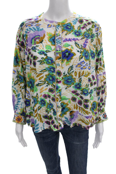 Johnny Was Womens Floral Collared Longsleeve Button-Up Multicolor Size M
