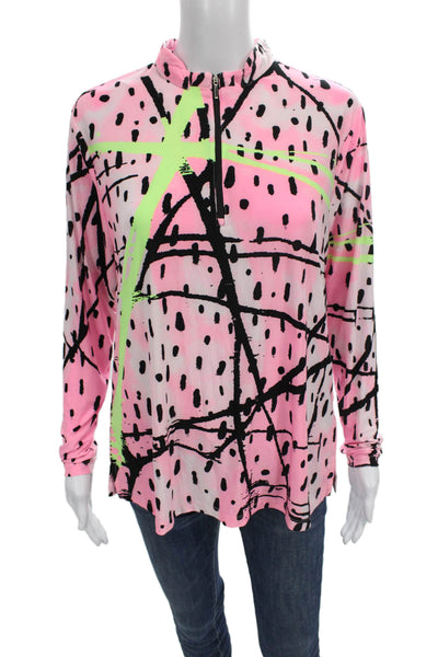 Jamie Sadock Women Collared Long Sleeve Pullover Top Spotted Multi Zip Size L