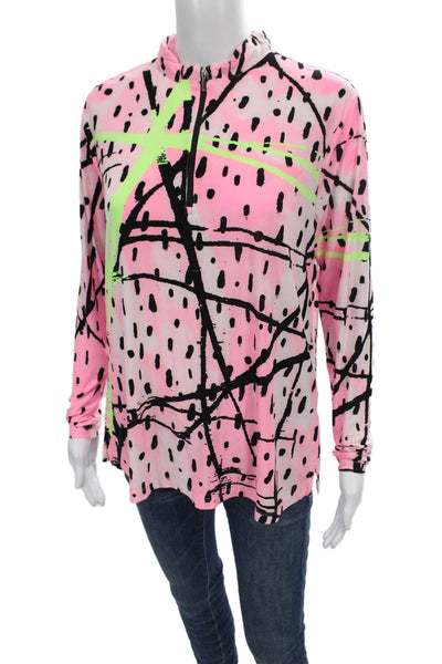 Jamie Sadock Women Collared Long Sleeve Pullover Top Spotted Multi Zip Size L