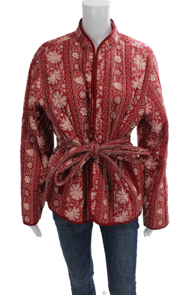Pink City Prints Women Quilted Jacket Red Floral Cotton Long Sleeve Size L