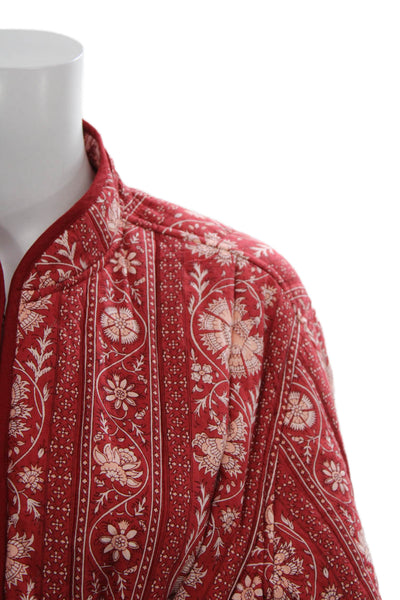 Pink City Prints Women Quilted Jacket Red Floral Cotton Long Sleeve Size L