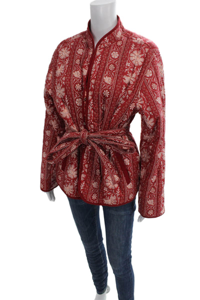 Pink City Prints Women Quilted Jacket Red Floral Cotton Long Sleeve Size L