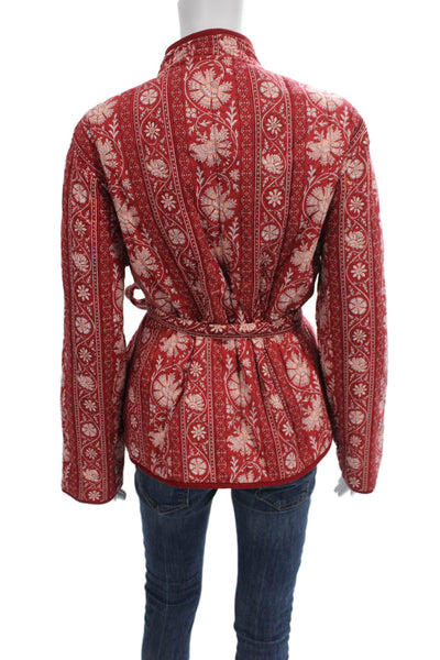 Pink City Prints Women Quilted Jacket Red Floral Cotton Long Sleeve Size L