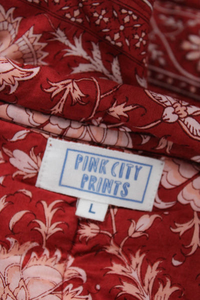 Pink City Prints Women Quilted Jacket Red Floral Cotton Long Sleeve Size L