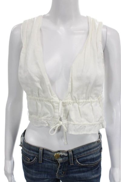 ONIA Women Cropped Linen Blend V-Neck Sleeveless Tank White Size S