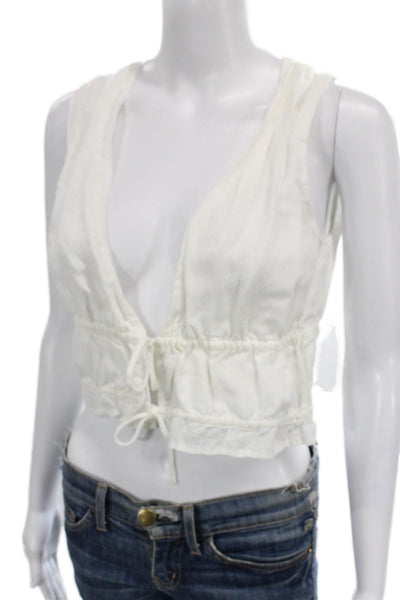 ONIA Women Cropped Linen Blend V-Neck Sleeveless Tank White Size S