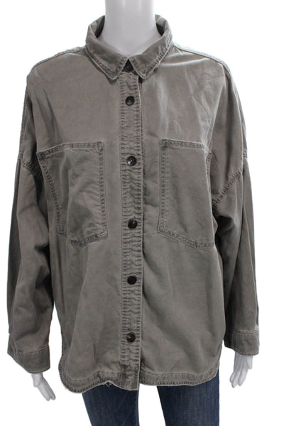 Zara Women Basic Collared Cotton Gray Long Sleeve Button-Up Size L
