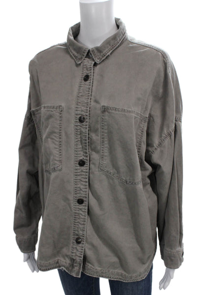 Zara Women Basic Collared Cotton Gray Long Sleeve Button-Up Size L
