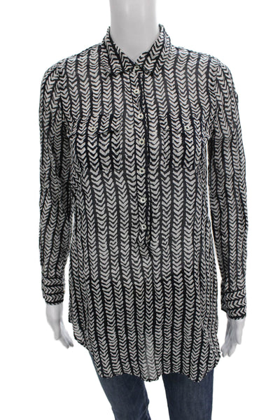 J Crew Women Tunic Button Up Collared Geometric Black Long Sleeve Size XS