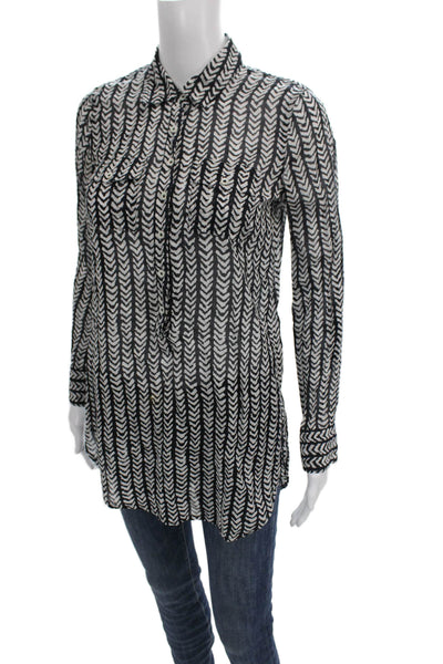 J Crew Women Tunic Button Up Collared Geometric Black Long Sleeve Size XS
