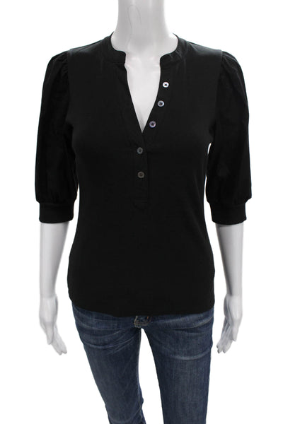 Veronica Beard Women Black Pima Cotton Henley Basic T-Shirt 3/4 Sleeve Size XS
