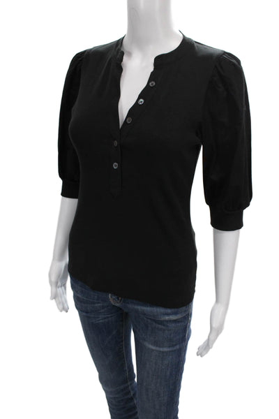 Veronica Beard Women Black Pima Cotton Henley Basic T-Shirt 3/4 Sleeve Size XS