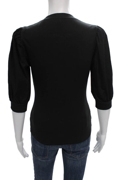 Veronica Beard Women Black Pima Cotton Henley Basic T-Shirt 3/4 Sleeve Size XS