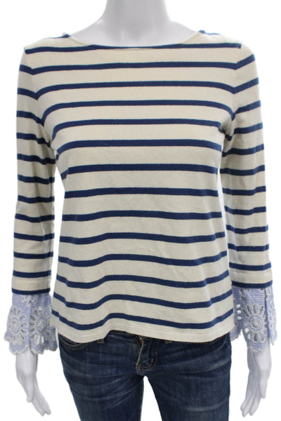 Sea Women Boat Neck Striped Cotton Blouse Long Sleeve Lace Up Nautical Size XS