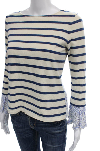 Sea Women Boat Neck Striped Cotton Blouse Long Sleeve Lace Up Nautical Size XS
