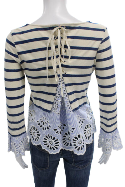 Sea Women Boat Neck Striped Cotton Blouse Long Sleeve Lace Up Nautical Size XS