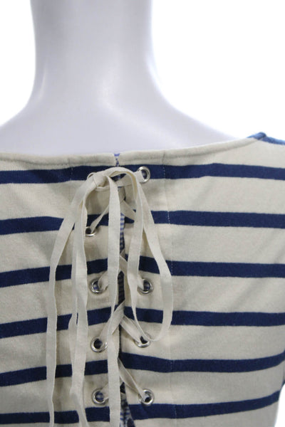 Sea Women Boat Neck Striped Cotton Blouse Long Sleeve Lace Up Nautical Size XS