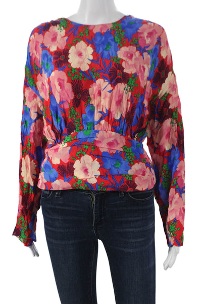Zara Womens Floral Multicolor Viscose Round Neck Long Sleeve Blouse Size L