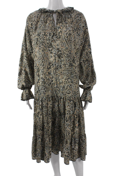 OPT Womens Trapeze Swing Maxi Dress Beige Paisley V-Neck Long Sleeve Size S
