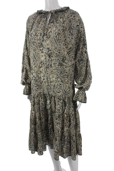 OPT Womens Trapeze Swing Maxi Dress Beige Paisley V-Neck Long Sleeve Size S