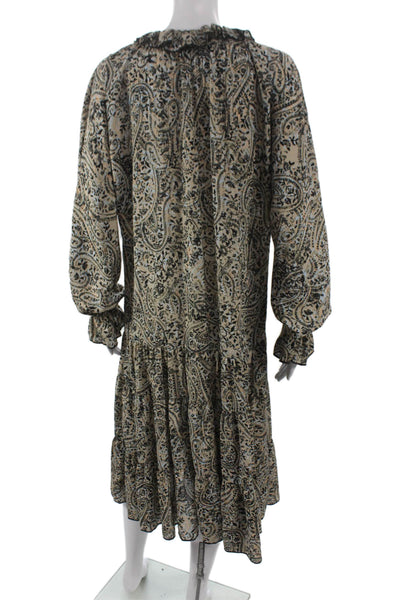 OPT Womens Trapeze Swing Maxi Dress Beige Paisley V-Neck Long Sleeve Size S