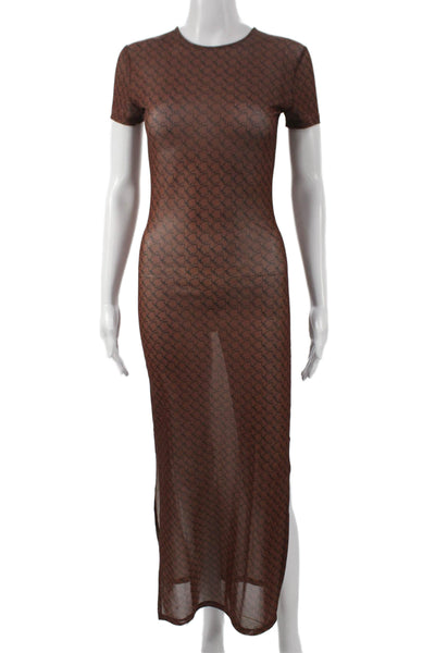 Miaou Women Maxi Geometric Brown Dress Short Sleeve Crew Neck Size XS